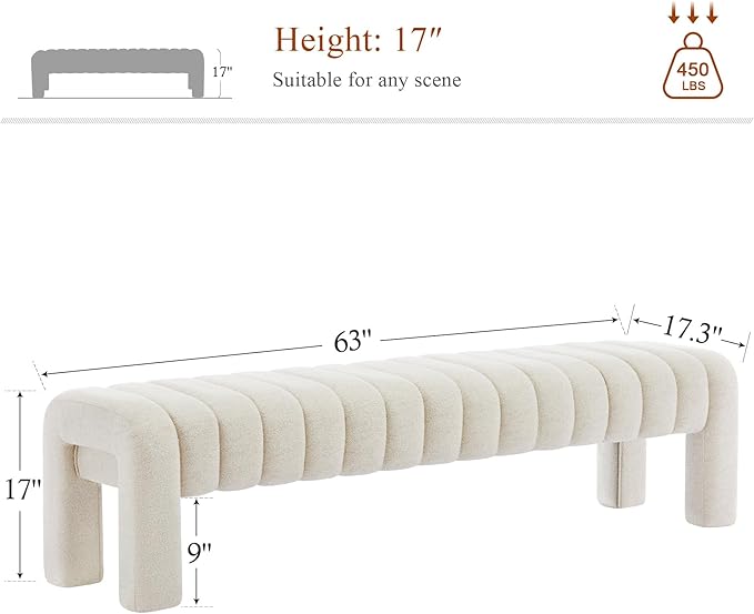 63’’ Bedroom Bench, Upholstered End of Bed Bench with Solid Wood Legs, Modern Cushioned Dining Bench with Full Covered Fabrics for Entryway, Bedroom, Living Room (Beige, Linen)