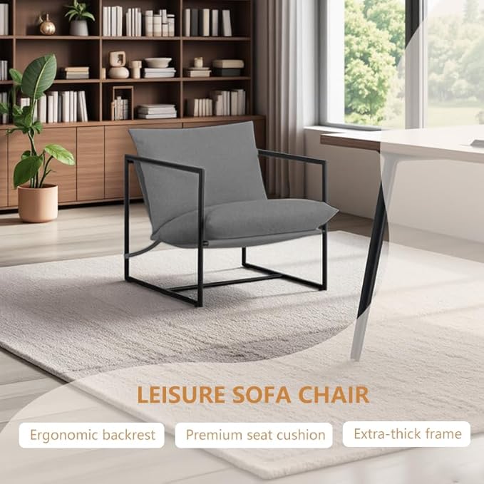 Mid-Century Modern Accent Chair, Comfortable Indoor/Outdoor Lounge Armchair with Cushion for Living Room, Bedroom or Patio, Grey