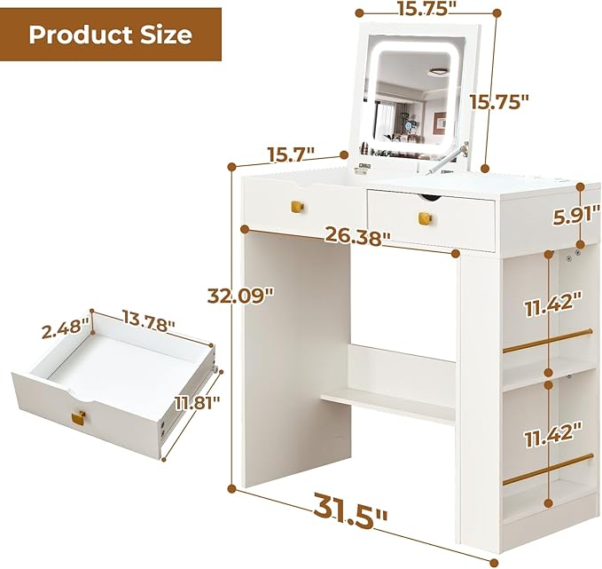 Vanity Desk with Flip Top Mirror,White Makeup Vanity Table with 3 Color Light and Brightness Adjustable, Side Organizer Small Vanity with Storage Compartment, Writing Desk for Bedroom