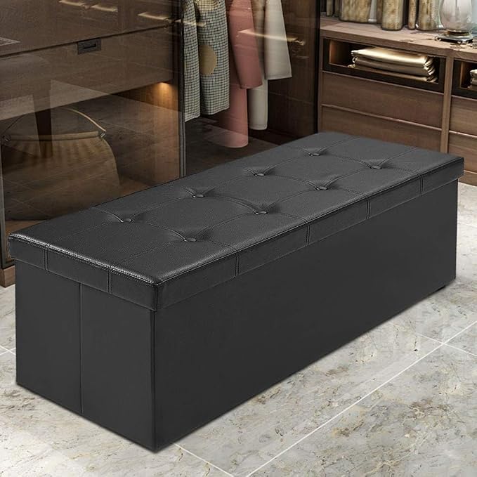 Folding Storage Ottoman Bench, 45" Large Ottoman Space-Saving Bench,Faux Leather Storage Chest with Memory Foam,Footrest Padded Stool Seat for Bedroom Toy Chest, Black,Leather