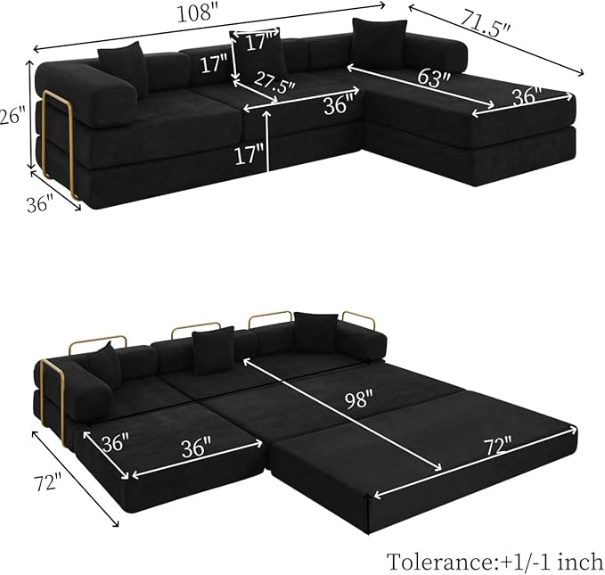 HANXIN 108" Modular Sectional Sofa,Futon Convertible Sofa Bed,Oversized Corduroy Boneless Couch for Living Room,Floor Loveseat Sleeper with Pull Out Bed,Free Combination,No Assembly Required (Black)
