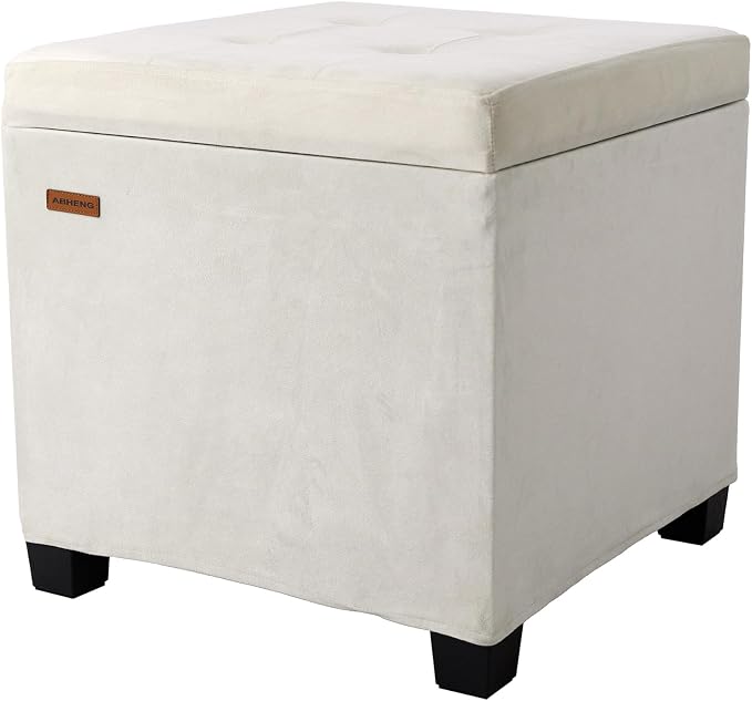 ABHENG Velvet Cover Steel Frame Ottoman with 48L Storage,17.7" x 17.7" x 17.7" Square Linen Storage Ottoman Stool Cube with Legs,for Dorm Livingroom White UASND64W