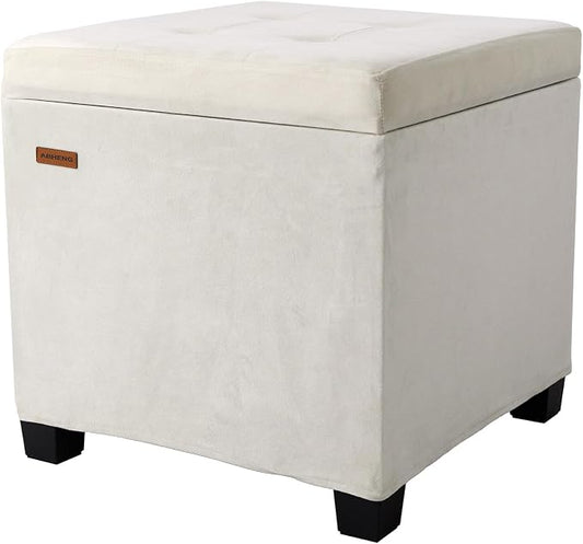 ABHENG Velvet Cover Steel Frame Ottoman with 48L Storage,17.7" x 17.7" x 17.7" Square Linen Storage Ottoman Stool Cube with Legs,for Dorm Livingroom White UASND64W