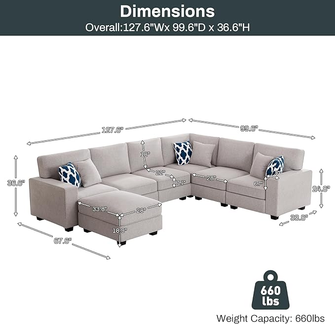 Legend Vansen Oversized Modular Sectional Sofa,U/L‑Shaped Reversible Couch with Ottoman,Deep Seat Plush Polyester Sofa for Living Room,7‑Seater,Light Grey