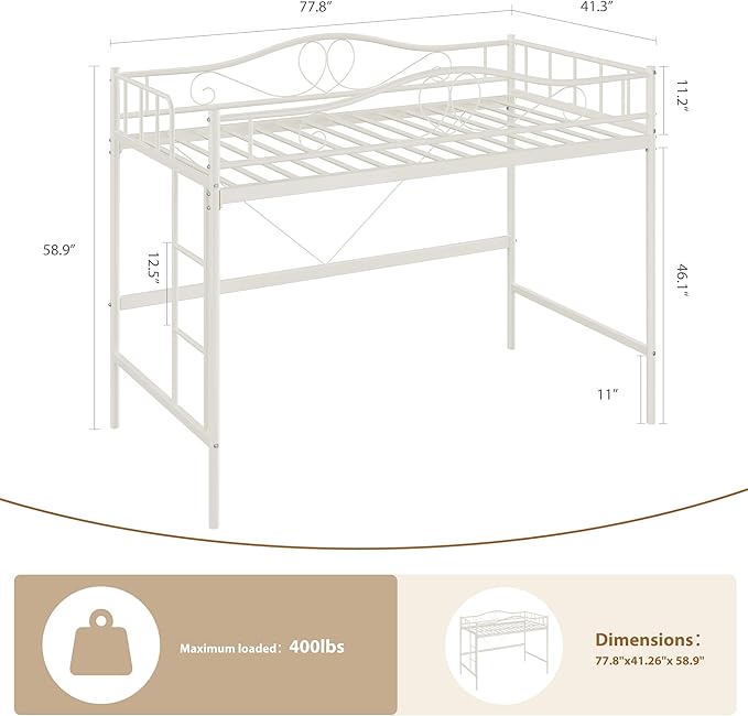IDEALHOUSE Loft Bed Twin Size with Ladder & Full Safety Guardrail, Heavy Duty Metal Twin Loft Bed 400 Lbs Load Capacity, Space-Saving, Noise Free, No Box Spring Needed, Easy Assembly, Cream White
