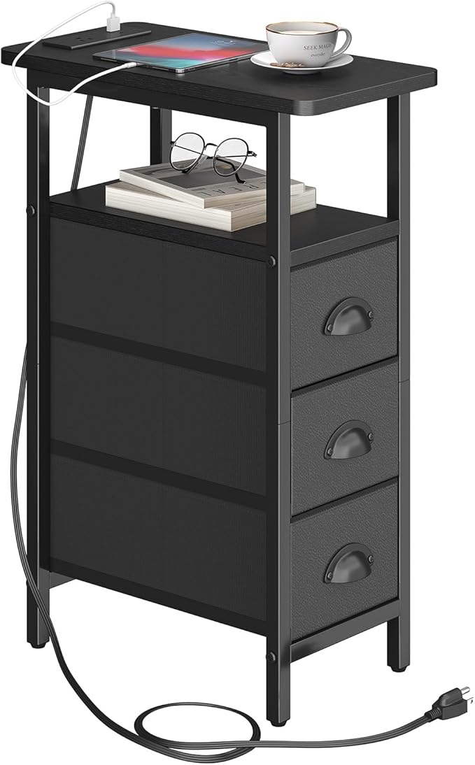 sthmec End Table with Charging Station,Narrow Side Tables with USB Ports and Outlets,Skinny Bedside Tables with 3 Drawers,Small Tables Nightstands for Small Space,Slim Sofa Table for Livingroom,Black