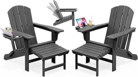 KINGYES Folding Adjustable Adirondack Chair with Ottoman & 2 Cup Holders Set of 2, HDPE Adirondack Recliner Chair with Footrest, Grey