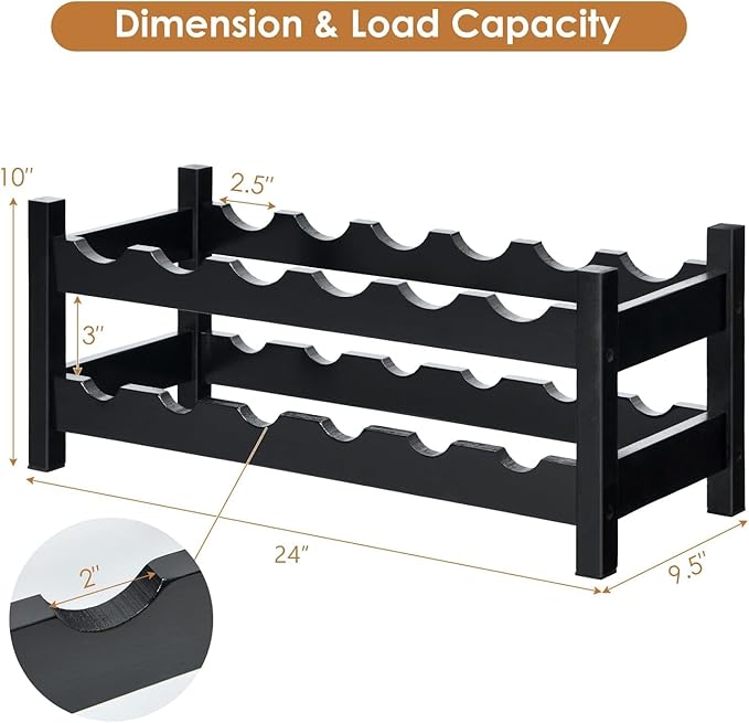COSTWAY Wine Rack Countertop, 12 Bottles Bamboo Wine Holder, 2-Tier Freestanding Wine Storage Cabinet Shelf for Home, Kitchen, Bar, Pantry, Wine Cellar, Easy-Assembly, Brown (24.5L x 9.5W x 10H)