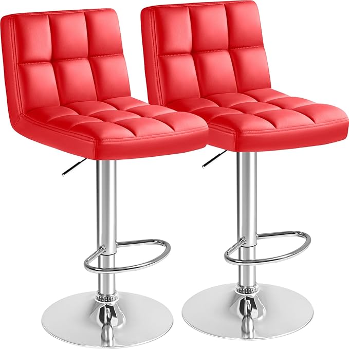 Furmax Bar Stools Modern Pu Leather Swivel Adjustable Hydraulic Bar Stool Square Counter Height Stool Set of 2 (Red)