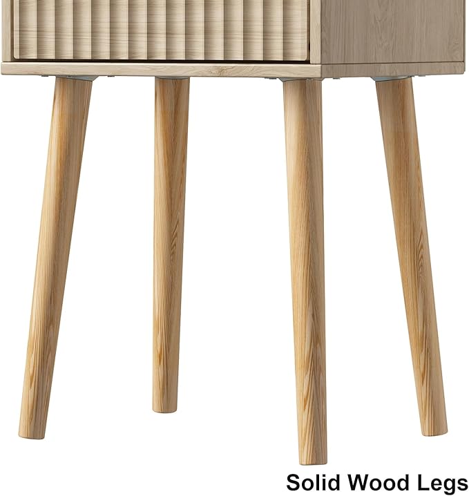 LAATOOREE Nightstands Set of 2, Small Side Table, Bedside Table with Fluted Door, Solid Wood Feet; Modern Mid-Century End Table for Bedroom, Small Space (Natural)