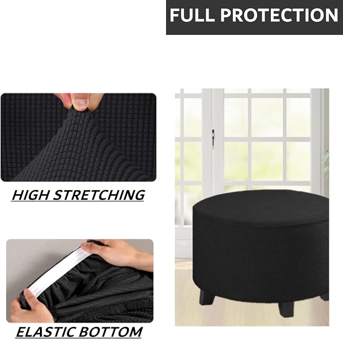 Stretch Ottoman Slipcover – Round Furniture Protector Fits 30"-41" Dia, for Footrests, Storage Ottomans & Folding Stools – Elastic Fabric Cover (Black, X-Large)