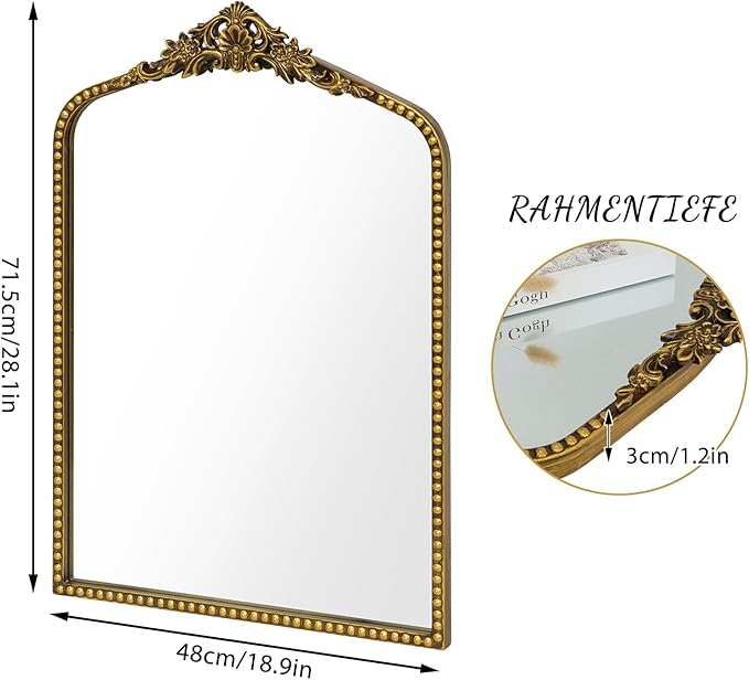 Gold Baroque Mirror Antique 19x28 Inches - Vintage Arched Mirror with Ornate Gold Frame for Entryway, Narrow Hallway & Bathroom Wall Decor