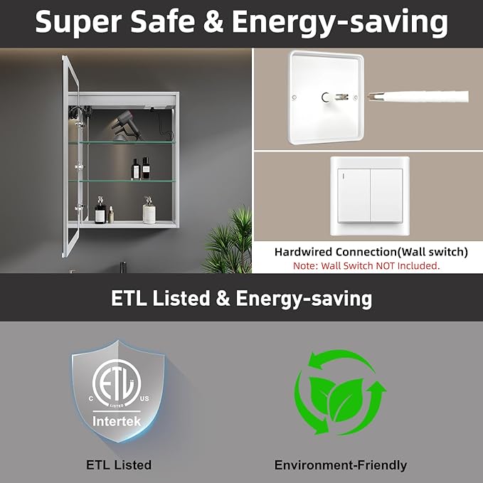 Medicine Cabinet with LED Lights and Mirror, 24 x 30 Inch Surface or Recessed Mounted Bathroom Cabinets with Door, Defogger, Memory Function, 3-Color Mode, Outlet&USB, Dimmer, Storage Shelf