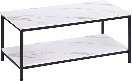 SUPER DEAL 2-Tier Coffee Table with Storage Shelf for Small Apartment Living Room, Rectangle Wood and Stable Metal TV Stand Side End Table, White Marble