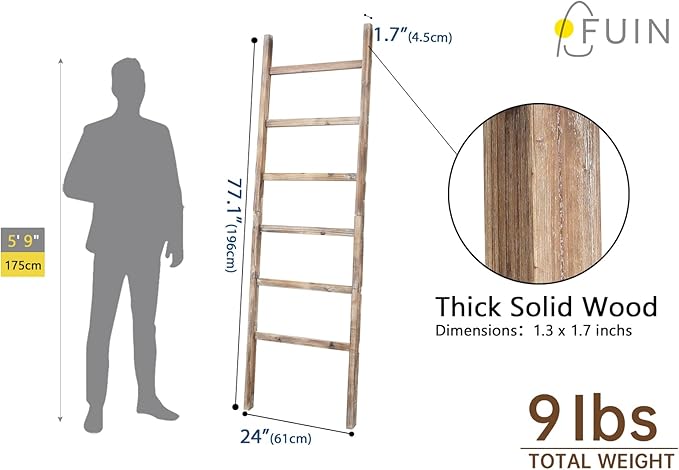 FUIN 6.4ft Extra Wide Wooden Blanket Ladder Living Room Decorative Wal Leaning Farmhouse Quilt Display Holder Rustic Wood Towel Rack for Bathroom, Burnt Brown, 24 inch Wide