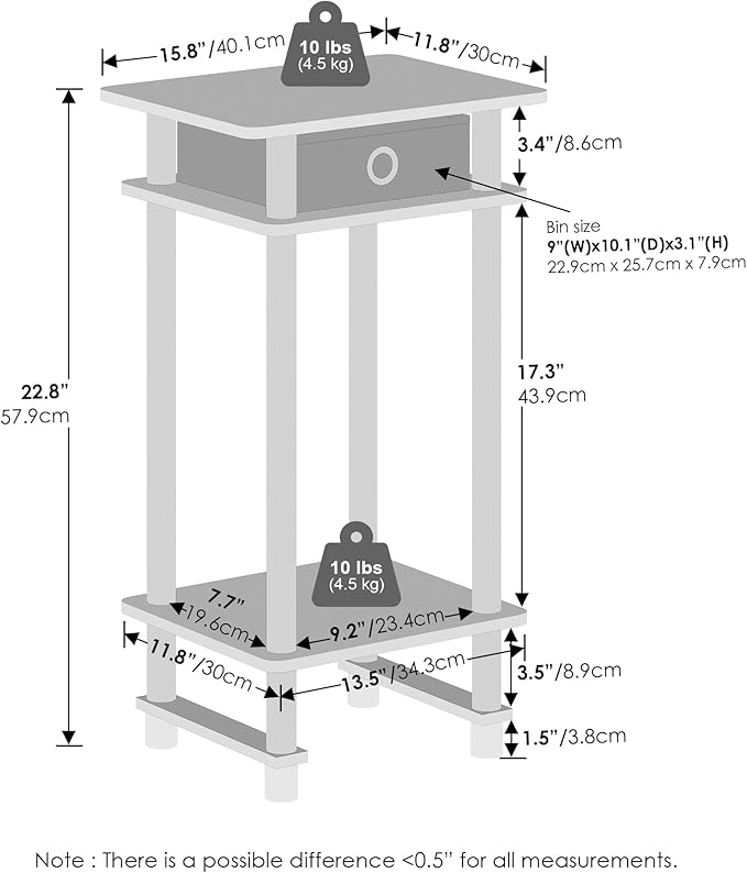 Furinno Turn-N-Tube Tall Nightstand with Bin, 1-Pack, Plastic Poles, Espresso/Brown