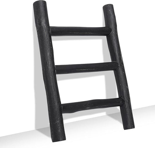 FUIN Fully Assembled Wooden Tea Towel Ladder, Mini Ladder Towel Rack Display Hanger, Small Rustic Farmhouse Tea Towel Stand Holder for Country Bathroom Decor, Black
