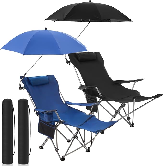 Yuntau 2 Set Reclining Beach Chairs with UPF 50+ Umbrellas Shade, Upgraded Heavy Duty Portable Folding Lounge Camping Chair with Canopy Removable Footrest & Headrest for Outdoor Patio(Black,Blue)
