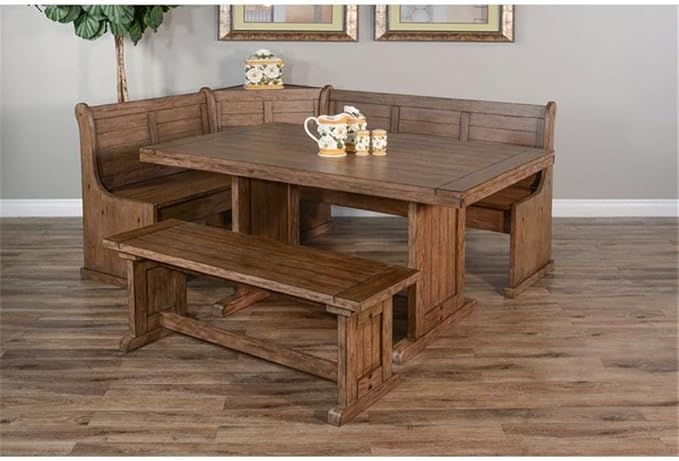 Pemberly Row 75" x 56" Farmhouse Wood Breakfast Nook Set with Table, Lift Seats, Hidden Storage, Reversible Benches, for Small Spaces, in Buckskin/Taupe Brown Finish