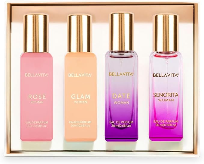 Bellavita Luxury Women's Perfume Gift Set with Rose, Senorita, Date, and Glam | 80ml | Perfume for Women | Pink Pepper, Yuzu, Floral Peach, and African Orange Notes | Long Lasting Women's Fragrance