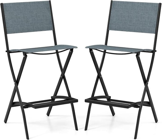 COSTWAY Outdoor Patio Bar Chair Set of 2, Folding Counter Height Stool with Metal Frame & Footrest, Patio Bar Stool for Balcony, Garden & Poolside (2, Blue)
