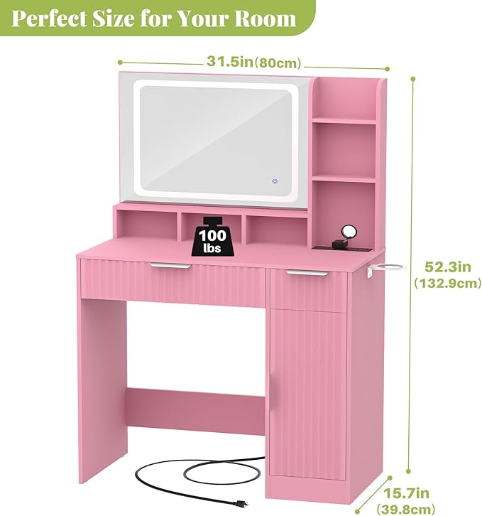 Cyclysio Fluted Vanity Desk with Mirror and Lights, Wood Makeup Vanity Desk with Power Strips, Modern Dressing Table with Drawers & Cabinet for Bedroom, Pink