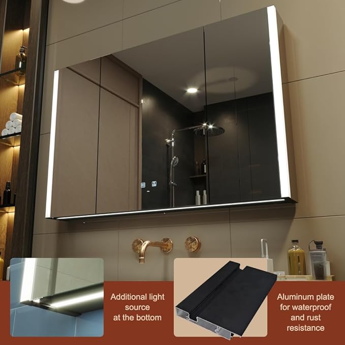 KWW LED Lighted Bathroom Medicine Cabinet with Sockets & USBs, Defogger, Dimmable, 3 Color Light Makeup Mirror, Easy to Install, Wall Mounted Cabinet (3 door-41 * 28)