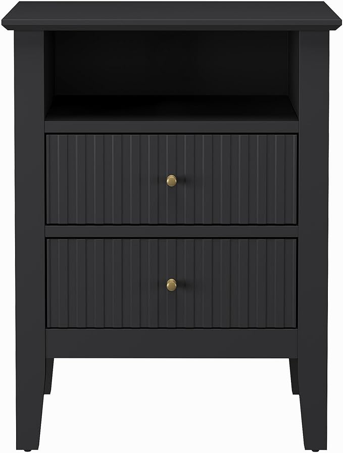 RoyalCraft Black Fluted Nightstand with 2 Drawers, Colorful Nightstand for Bedroom, Modern Wooden End Table with Storage for Small Spaces, Tall Side Sofa Table for Couch, Home Office
