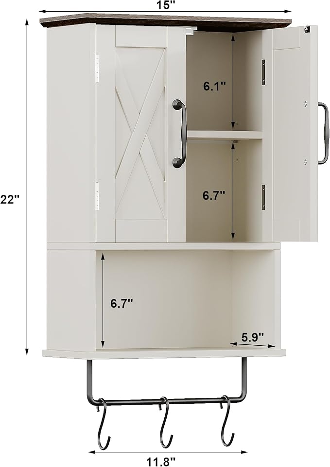 ChooChoo Farmhouse Medicine Cabinet, Bathroom Wall Cabinet with Adjustable Shelf, Towel Bar, 3 Hooks, Over The Toilet Storage Cabinet for Bathroom, Kitchen, Antique White & Brown