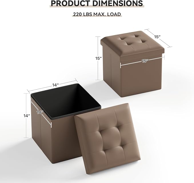 Storage Ottoman Bench, 15 Inch Ottoman Foot Rest, End of Bed Bench, Storage Chest for Living Room, Bedroom, Entryway, Brown