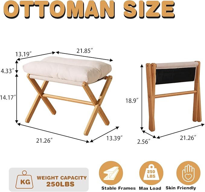 Baveke Ottoman Foot Rest- Bamboo Foldable Stool, Foot Stools Small Ottman with Upholstered & X Legs, Folding Stool for Makeup, Bedroom and Living Room (Large Beige)