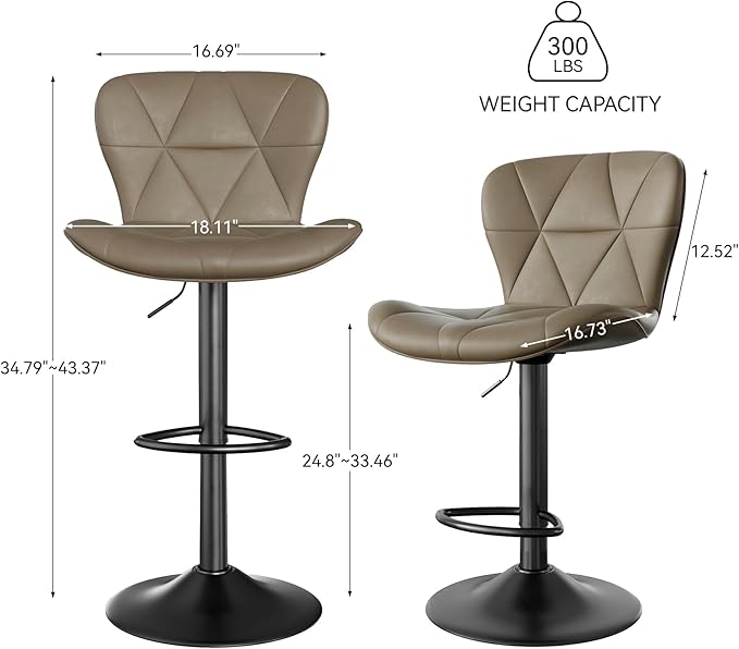 Nalupatio Modern Bar Stools Set of 2, Adjustable Faux Leather Upholstered Swivel Bar Stools, Counter Height Bar Chairs with Back for Kitchen Island, Dark Khaki
