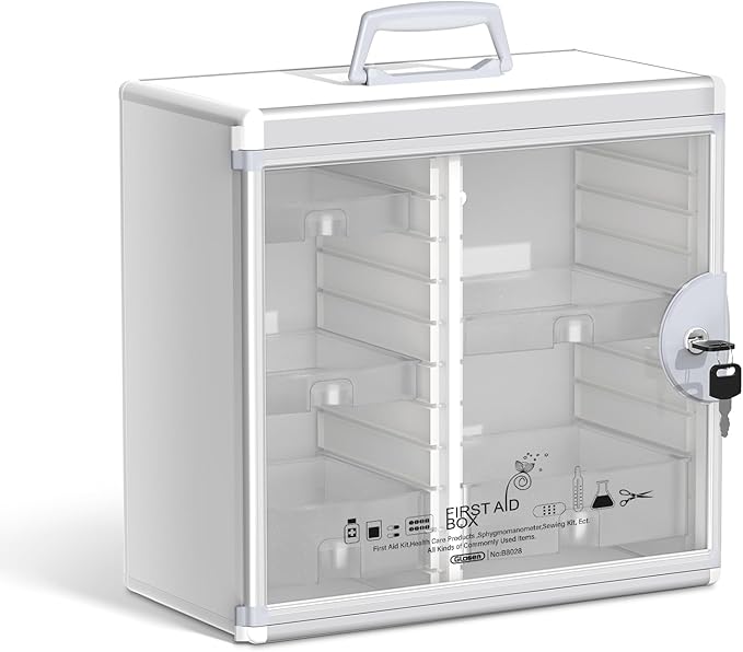 Glosen Lockable Medicine Cabinet with 5 Removable Trays, Wall Mounted & Portable Locking Medicine Cabinet Organizer with Key Lock for Home, Bathroom, Office - Aluminum Frame(13.6x6.5x12.4Inch)