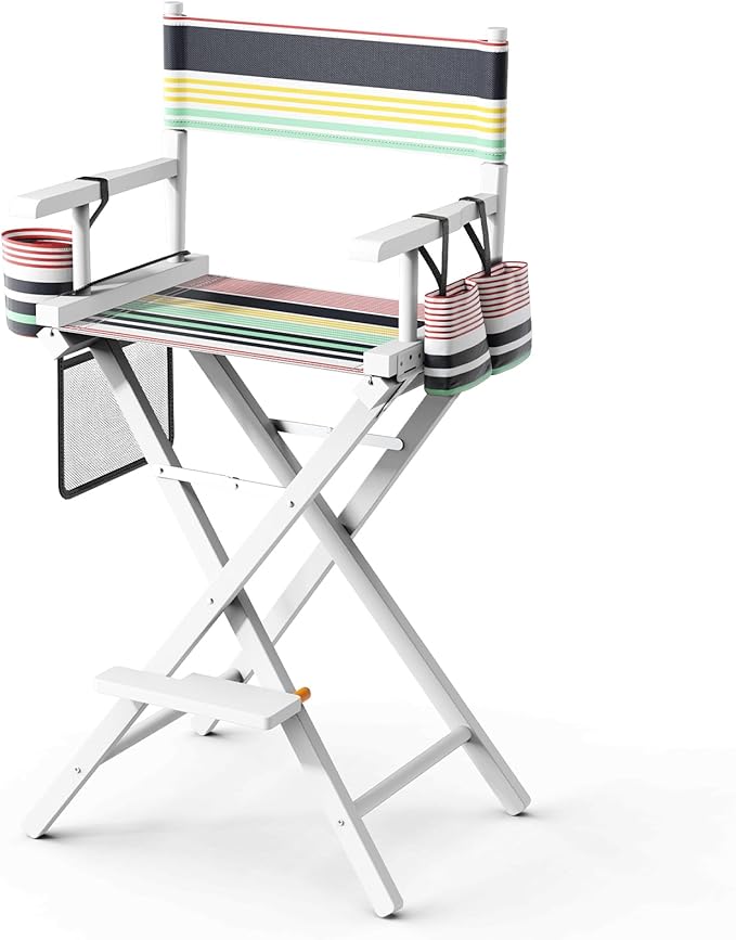 OmySalon Director's Chair 31" Height Folding Portable w/Storage Pouch & Footrest, Makeup Artist Chair for Salon, Events, Mobile, 250lb Capacity, White Wood Frame & Striped Canvas Seat