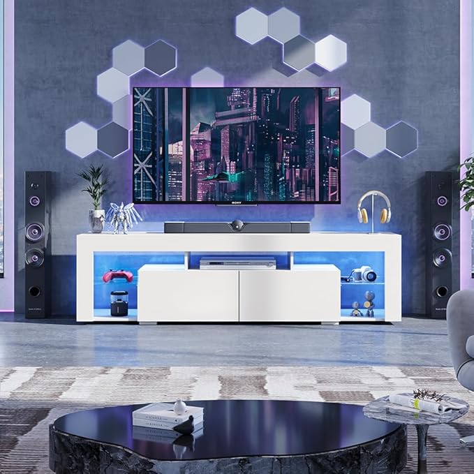 WLIVE TV Stand for 70 65 60 Inch TV, Modern Entertainment Center with LED Lights & 2 Large Storage Drawers, Wood TV Console for Living Room, Bedroom(White)
