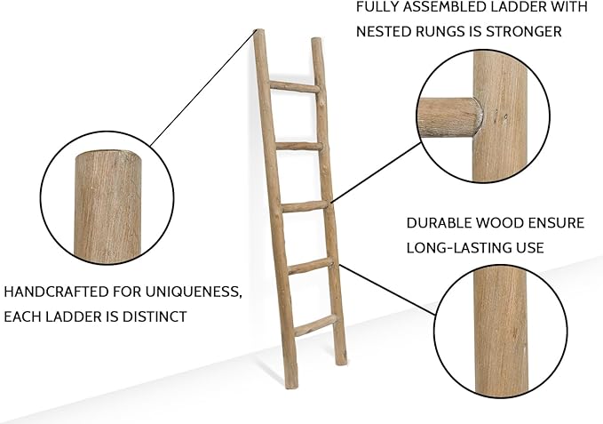 FUIN Fully Assembled 57in Wood Blanket Ladder Living Room Decorative Wall Leaning Farmhouse Quilt Display Holder Rustic Wooden Towel Rack for Bathroom