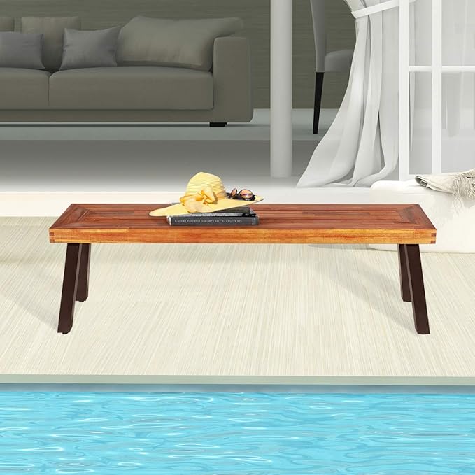Giantex 60" Acacia Wood Bnech, 3-Person Backless Outdoor Patio Dining Bench with Metal Legs & Adjustable Foot Pads for Entryway, Balcony, Porch, Backyard, Garden and Poolside (2 Pack)