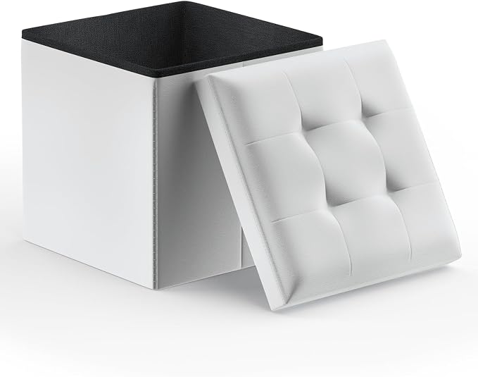 Magshion Folding Ottoman Cube, 15 x 15 x 15 Inches PU Leather Footrest Stool, Small Square Ottoman with Hidden 42L Storage for Entryway, Living Room, Dorm, Bedroom, White