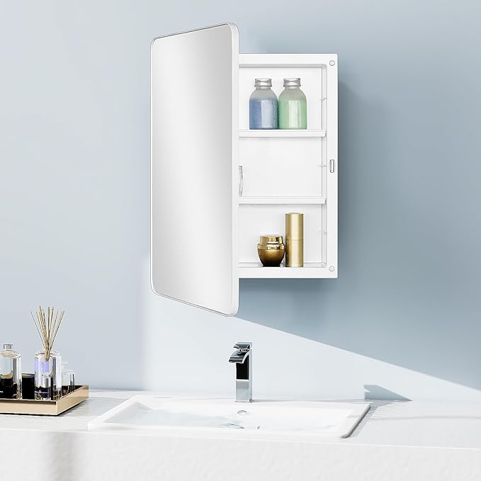 Fundin White Plastic Medicine Cabinet, Mirror Door with Round Corner Metal Frame, Recessed and Surface Mount Bathroom Wall Medicine Cabinet, 16 x 22 inch Mirror Size