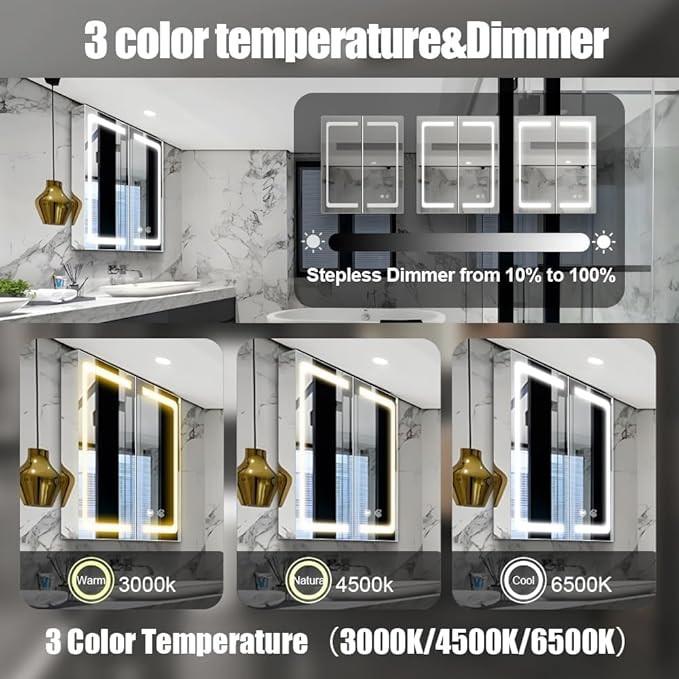 Stainless Steel LED Medicine Cabinet,Bathroom Mirror Cabinet with Light,3 Color,Dimmable,Equipped with Defogger,USB Shavor Socket,Internal Light,30×32 Inch