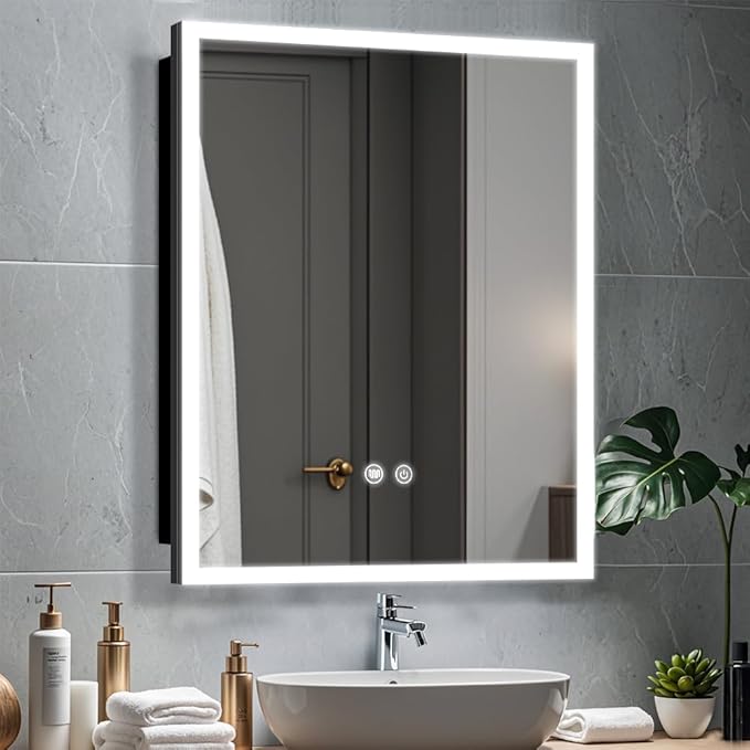 LED Medicine Cabinet with Light,20×28inch,Recess Mirror Cabinet for Bathroom,3 Color,Dimmable,Demister,Detachable Side Plate,Recess Mount or Surface Mount