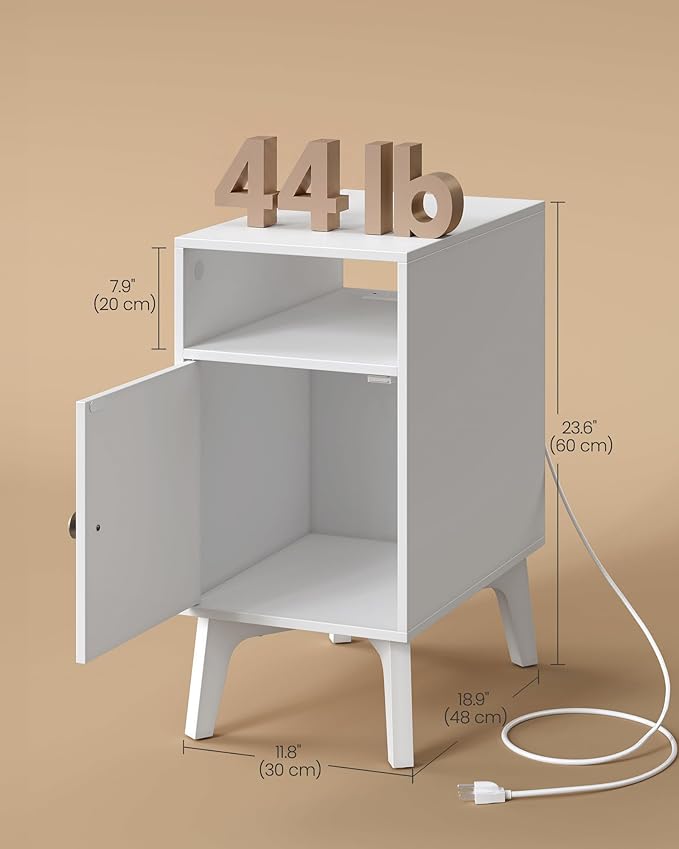 VASAGLE MAEZO Collection - End Table with Charging Station, Narrow Side Table, Nightstand with Tapered Legs, Curved Transitions, for Small Spaces, Living Room, Bedroom, Cloud White ULET329W101S