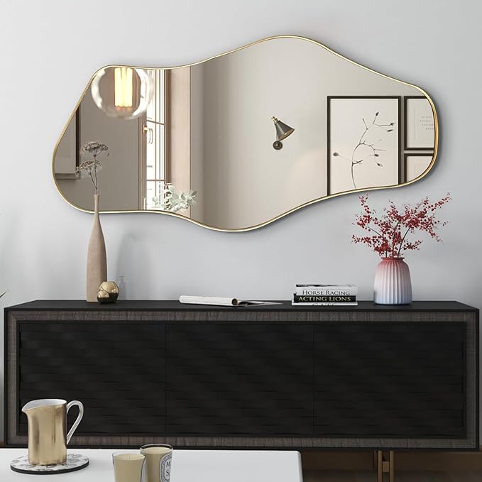 Irregular Wall Mirror, 47"x25" Asymmetrical Aesthetic Mirror with Metal Frame, Modern Organic Shaped Mirrors for Living Room Bedroom Hallway Entryway, Horizontal or Vertical Hanging