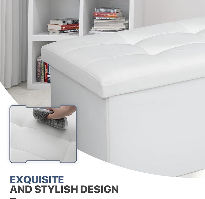 MoNiBloom 30 Inch Storage Ottoman Bench, 24 Gal. Folding Ottoman Footrest, End of Bed Bench, Rectangle Foot Stool, Supports 600 lbs, for Bedroom, Living Room, Entryway, Hallway, White