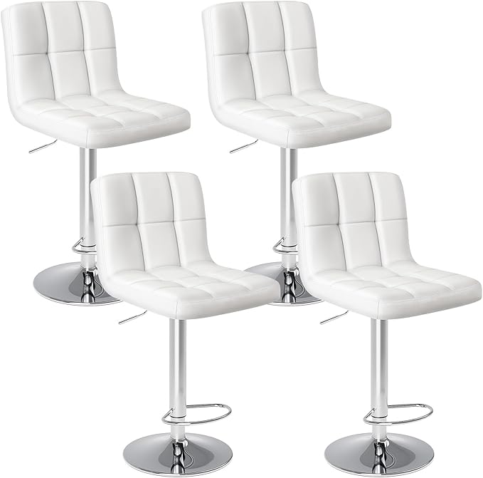 Sweetcrispy Bar Stools Set of 4, Armless PU Leather Adjustable Swivel Barstools, Hydraulic Kitchen Counter Height Thickened Seat Cushion Square Island Countertop Chairs with Back - Modern White