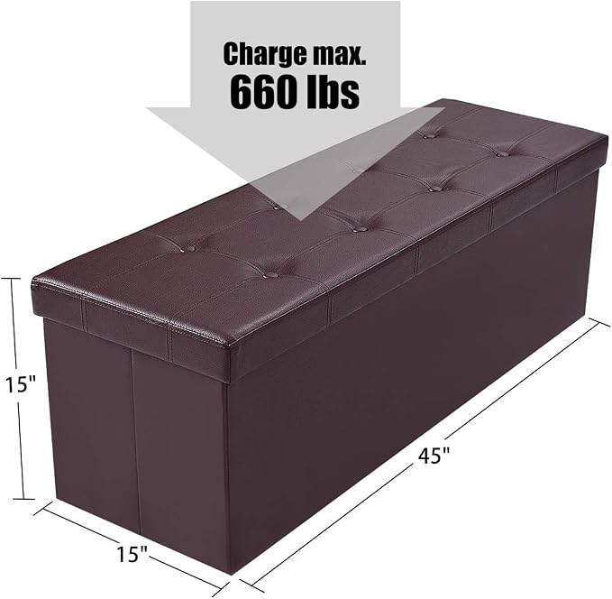 Folding Storage Ottoman Bench, 45" Large Ottoman Space-Saving Bench,Faux Leather Storage Chest with Memory Foam,Footrest Padded Stool Seat for Bedroom Toy Chest, Brown,Leather