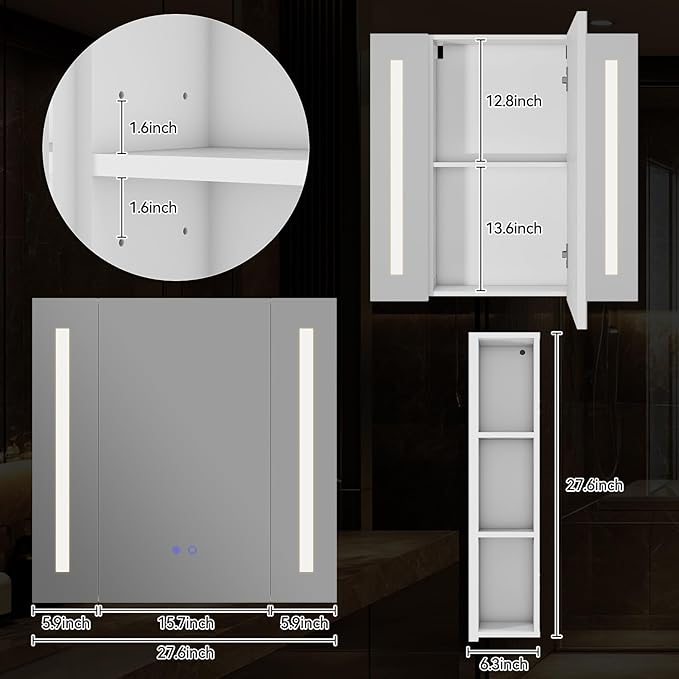 YOURLITE Bathroom Medicine Cabinet Mirror with Storage, Wall Mounted Bathroom Mirror Cabinet with LED Lights, Anti-Fog, 3 Lighting Modes, Adjustable Brightness, Adjustable Shelves