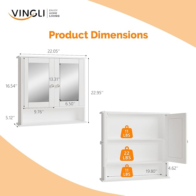 VINGLI Medicine Cabinet with Mirror, Wall Mounted Bathroom Cabinet with Open Shelf, 2-Door White Storage Organizer Over Toilet, Adjustable Shelves for Vanity, Entryway, Kitchen, 22x23 Inch