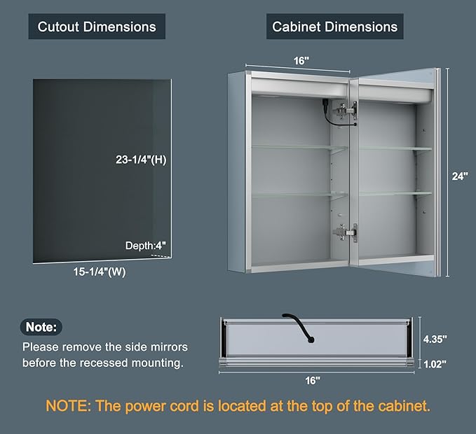 16x24 Inch Medicine Cabinet with Lights, AL Alloy Frame, Hardwired, Recessed or Wall Mount, Mirror Doors/3 Colors/Dimmable/Defog, 2 Outlets & USBs, 2 Shelves (Right Hinge)