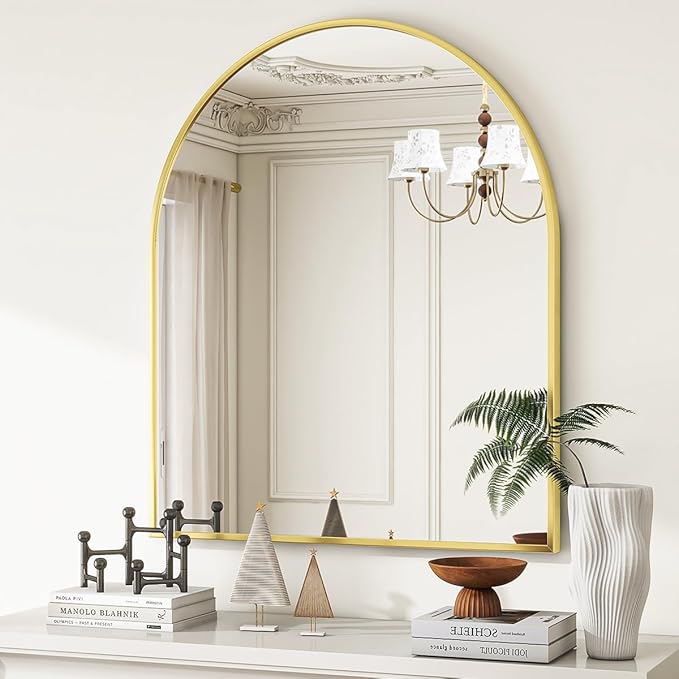 VooBang Arched Wall Mirror, 26 x 28 inch Arch Bathroom Mirror, Wall Mounted Vanity Mirror with Arch Metal Frame, Modern Bathroom Vanity Mirror for Bedroom, Living Room, Hanging or Leaning, Gold